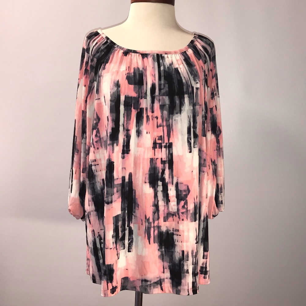 Ellen Tracy Flowy loose pink & black top 1X
